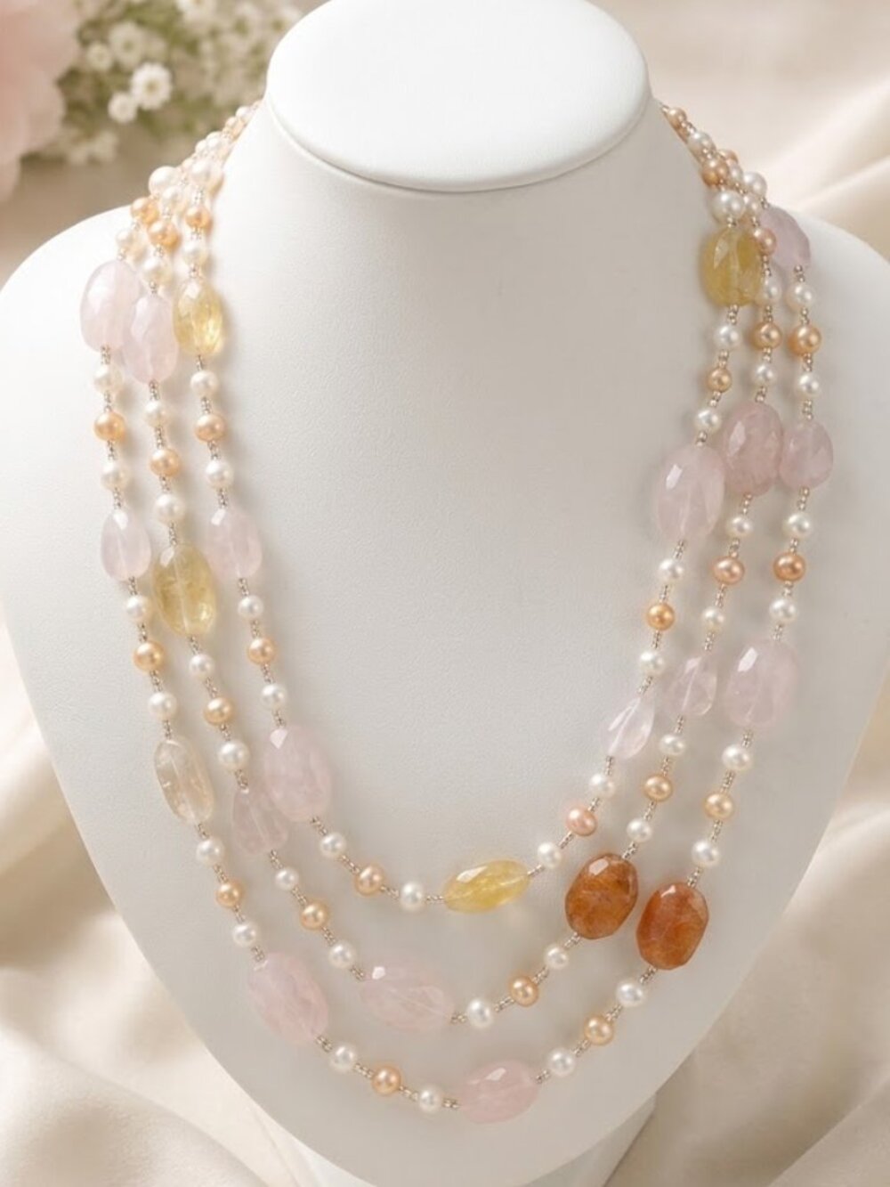 Rose Quartz Rhodochrosite Pearl Necklace